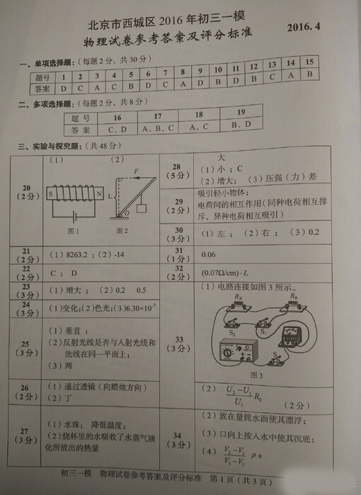 2016北京西城中考一模物理答案