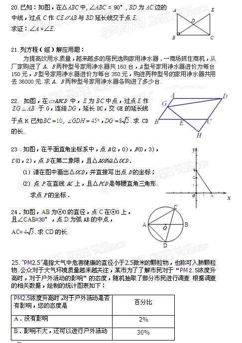 2016北京房山区中考一模数学试题及答案