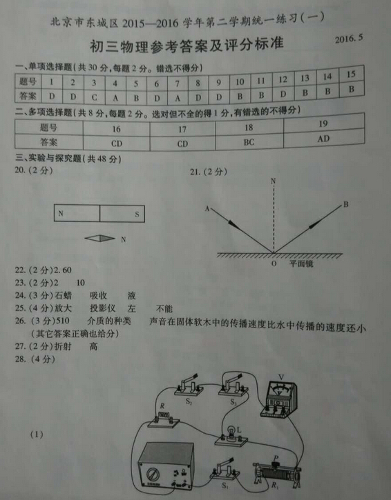 2016北京东城区中考一模物理试题及答案