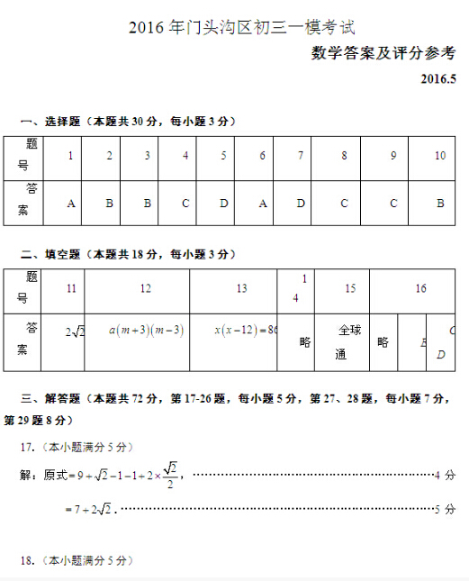 2016北京门头沟区中考一模数学试题及答案
