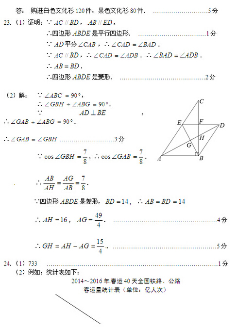 2016北京石景山区中考一模数学试题及答案