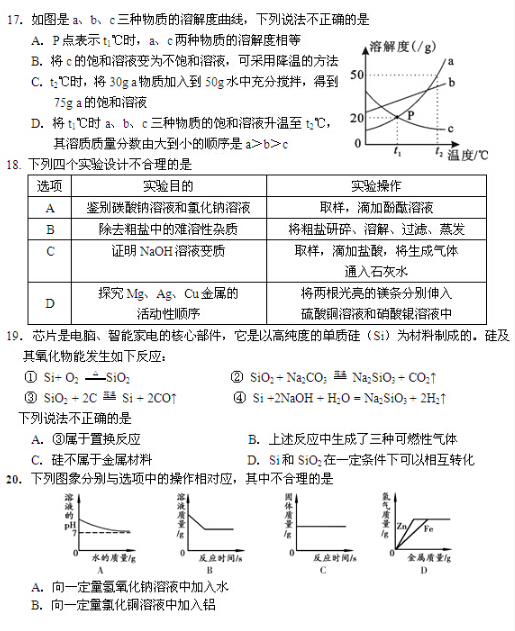 2016北京朝阳区中考一化学试题及答案