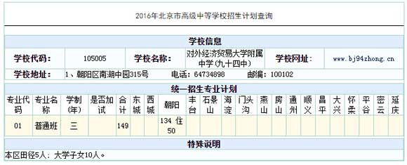 北京对外经济贸易大学附中2016中考招生计划