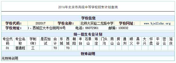 北京北师大实验二龙路中学2016中考招生计划
