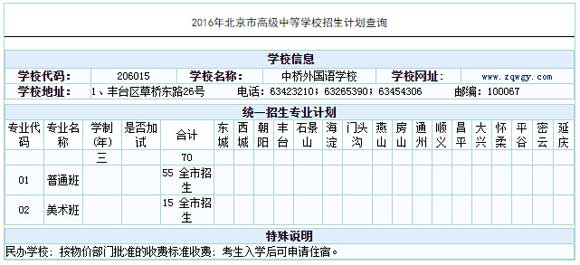 北京中桥外国语学校2016中考招生计划