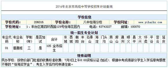 北京八中怡海分校2016中考招生计划