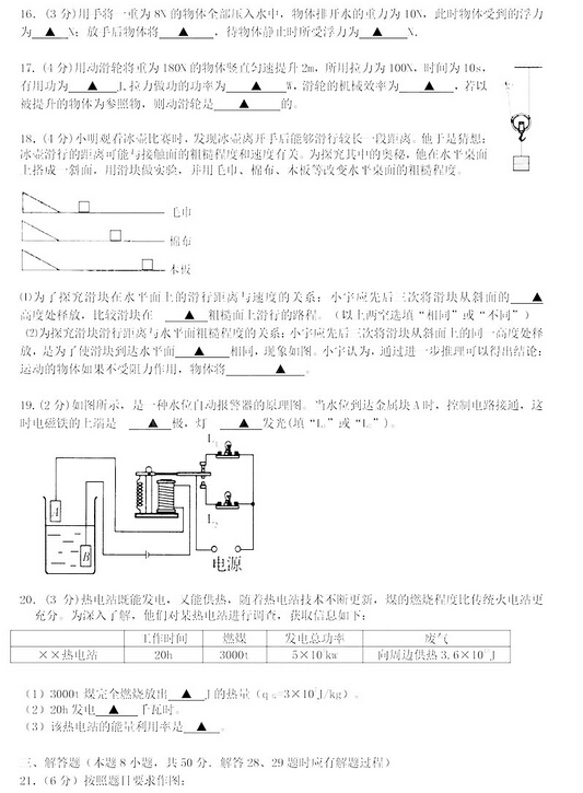 2016江苏南京六合区中考一模物理试题及答案