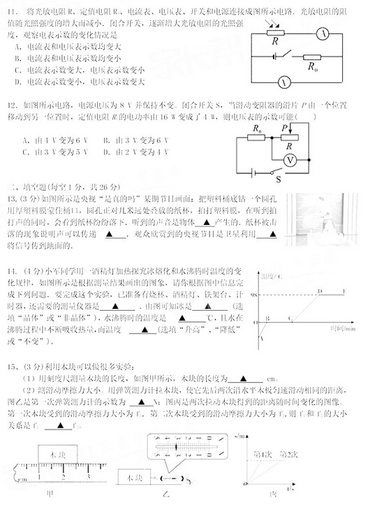 2016江苏南京六合区中考一模物理试题及答案