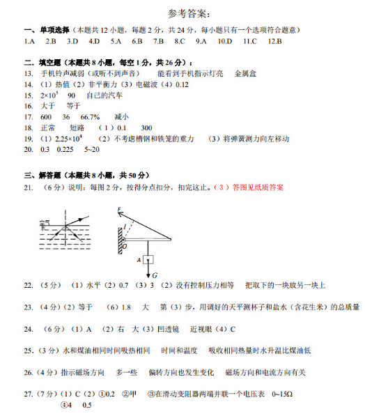 2016江苏南京鼓楼区中考一模物理试题及答案