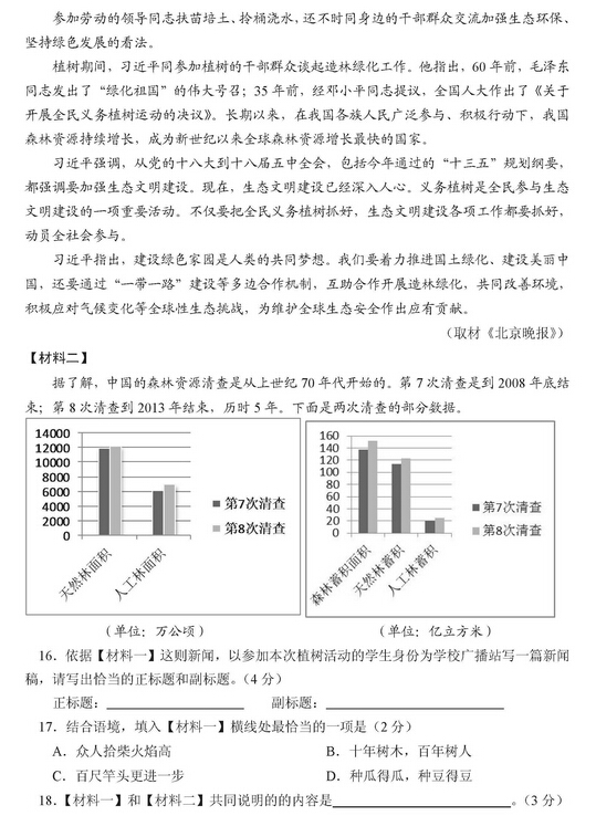 2016北京通州区中考一模语文试题及答案
