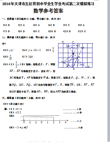2016天津五区县中考二模数学试题及答案