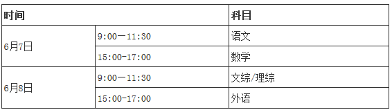 贵州2016年高考考试时间及科目安排