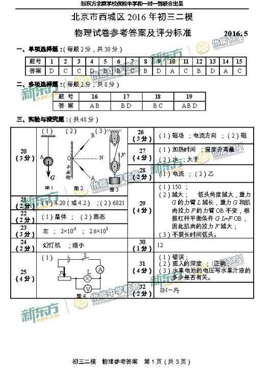 2016北京西城区中考二模物理答案