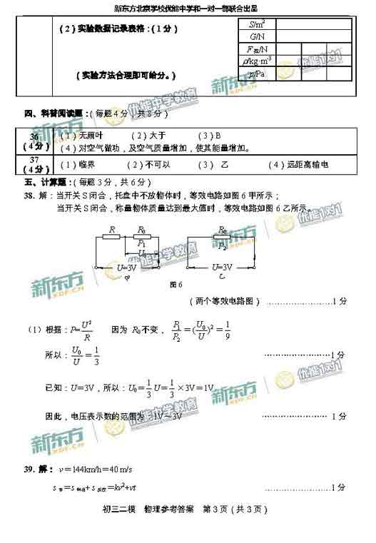 2016北京西城区中考二模物理答案