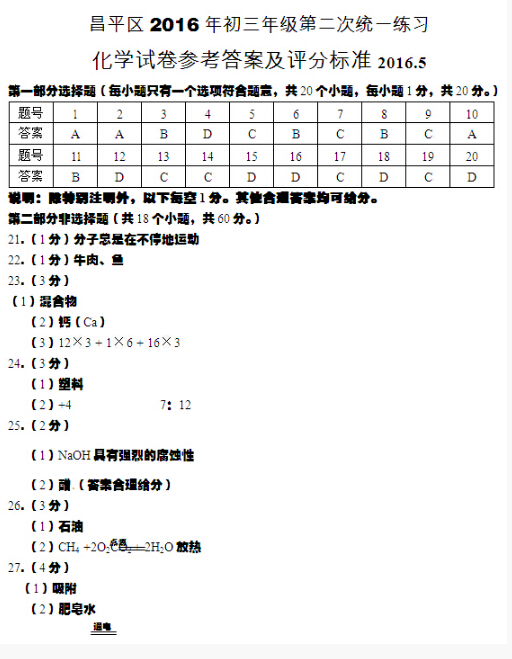 2016北京昌平区中考二模化学答案 2016北京昌平区中考二模化学答案