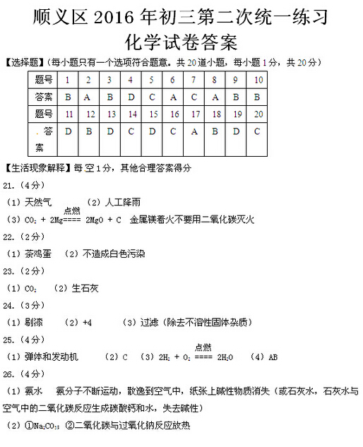 2016北京顺义区中考二模化学答案 2016北京顺义区中考二模化学答案