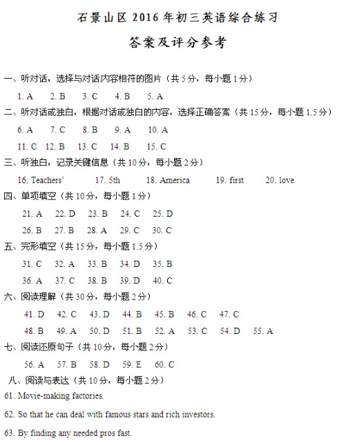 2016北京石景山区中考二模英语答案 2016北京石景山区中考二模英语答案