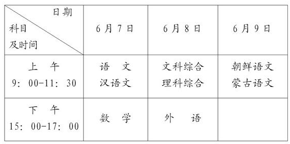 2016牡丹江高考考试时间及科目安排
