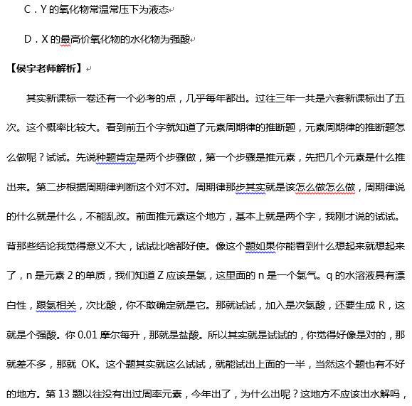 侯宇解析2016新课标I卷高考化学试题