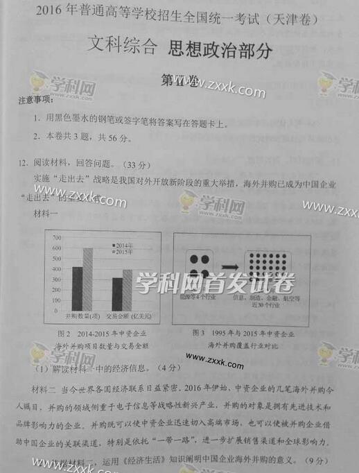 2016天津高考文科综合答案