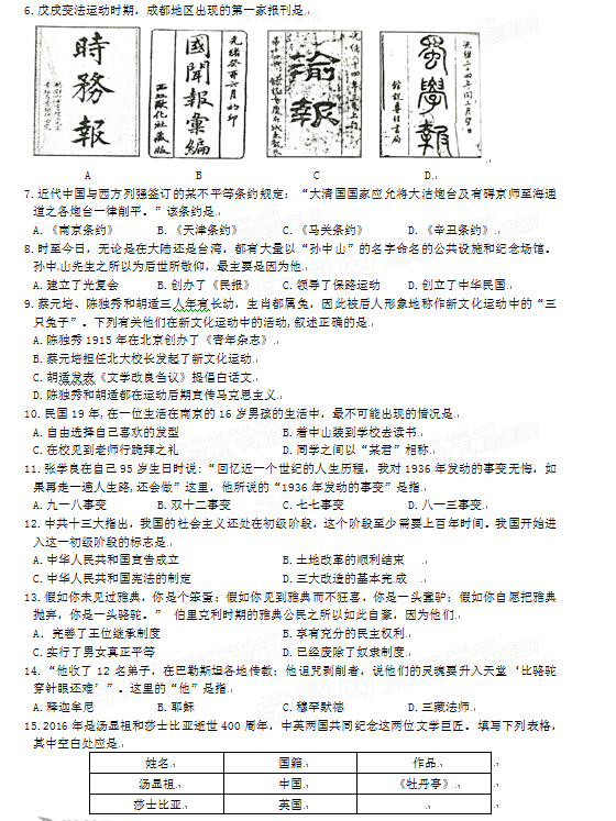 2016四川成都中考历史试题及答案