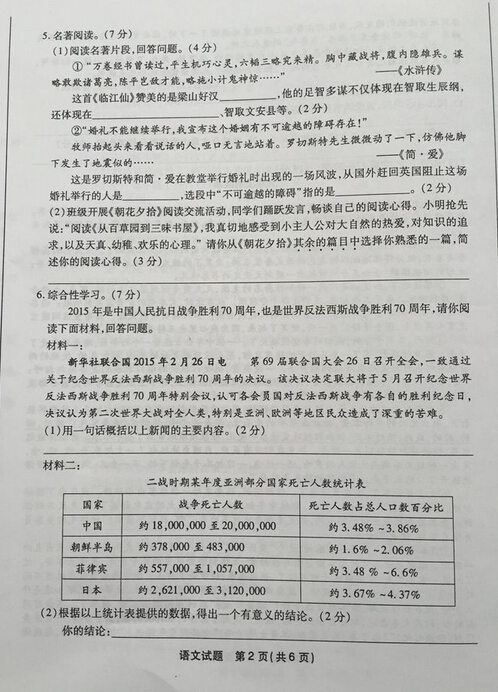 2016福建福州中考语文试题及答案