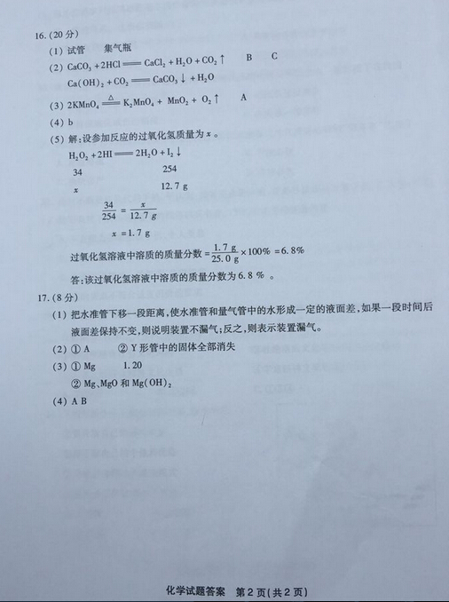 2016福建福州中考化学试题及答案