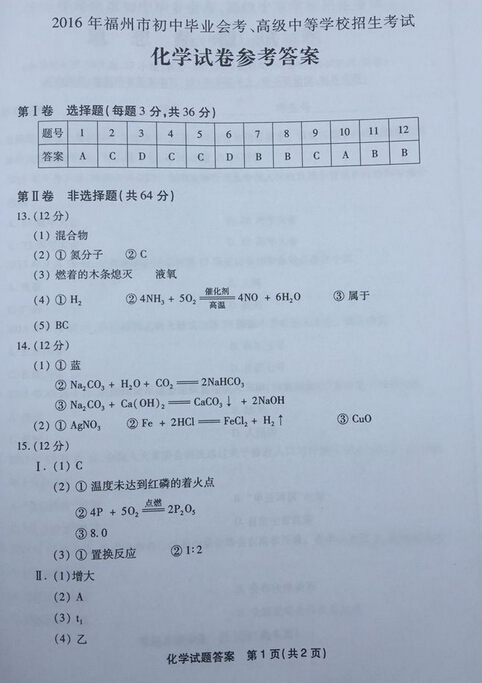 2016福建福州中考化学试题及答案