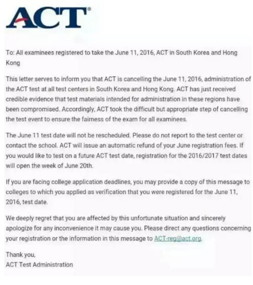 6月11日ACT考试临时取消