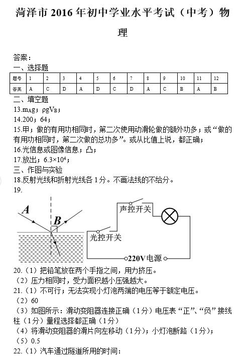 2016山东菏泽中考物理试题