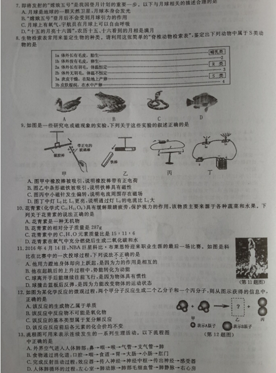 2016浙江金华中考科学试题