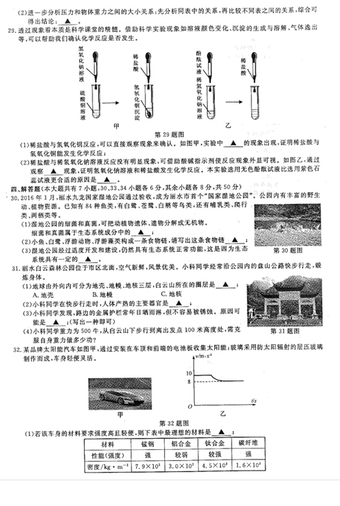 2016浙江丽水中考科学试题