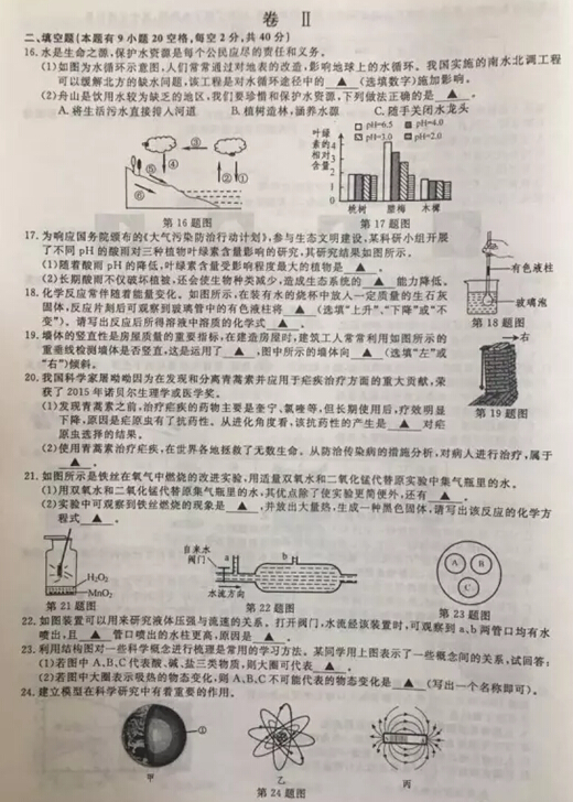 2016浙江舟山中考科学试题