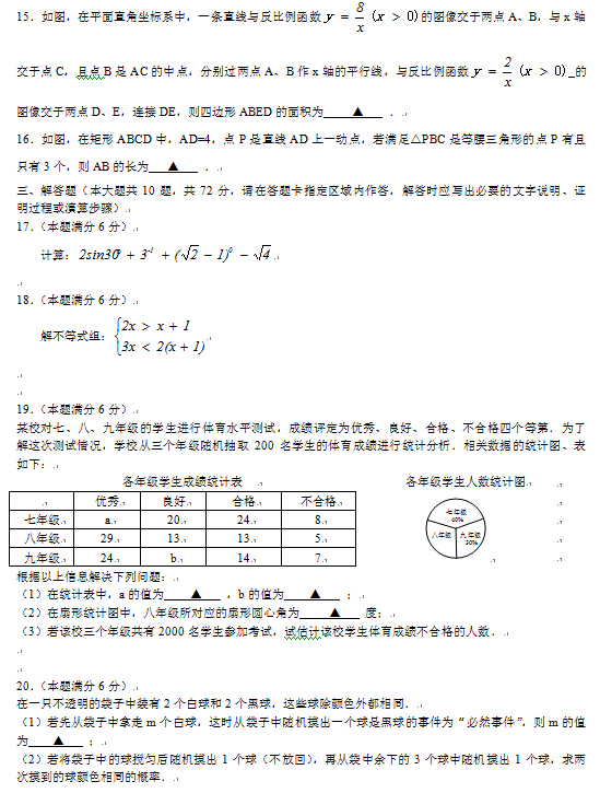 2016江苏宿迁中考数学试题及答案