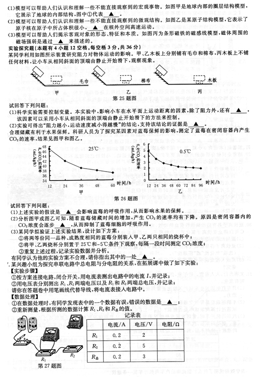 2016浙江嘉兴中考科学试题