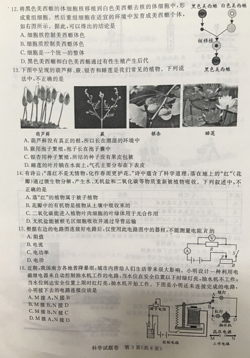 2016浙江湖州中考科学试题及答案