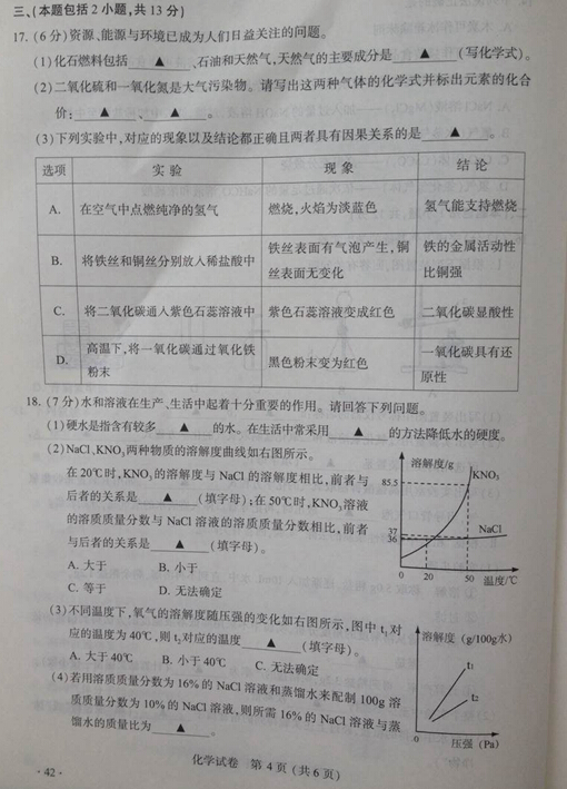 2016江苏南京中考化学试题及答案