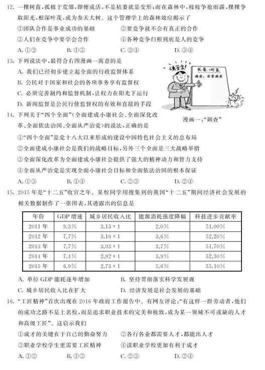 2016江苏苏州中考思想品德试题