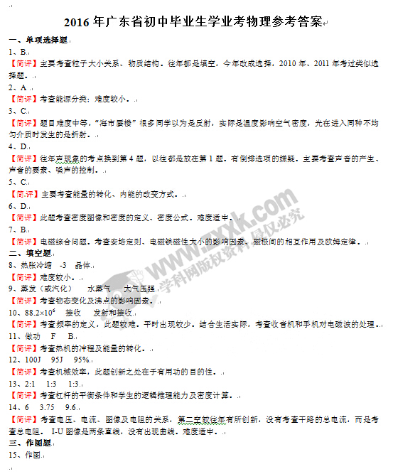 2016广东省考中考物理试题及答案