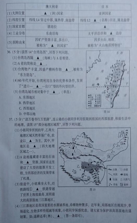 2016江苏连云港中考地理试题