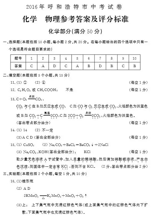2016内蒙古呼和浩特中考理综试题及答案