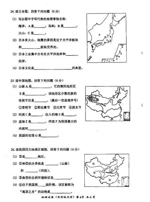 2016黑龙江齐齐哈尔中考地理试题