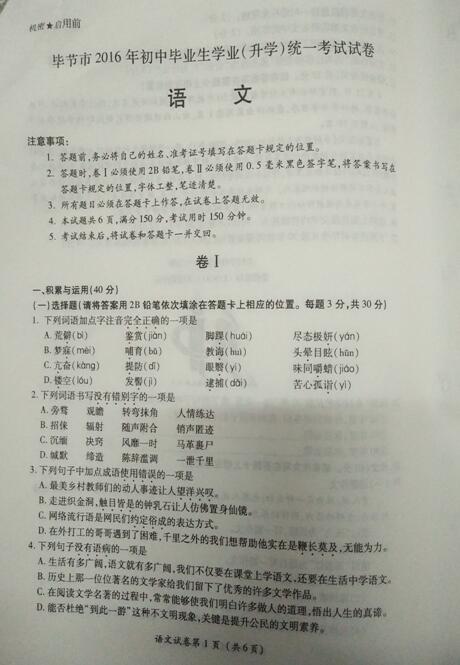 2016贵州毕节中考语文试题