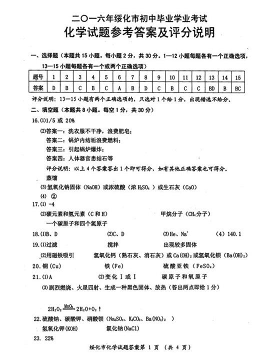 2016黑龙江绥化中考化学答案