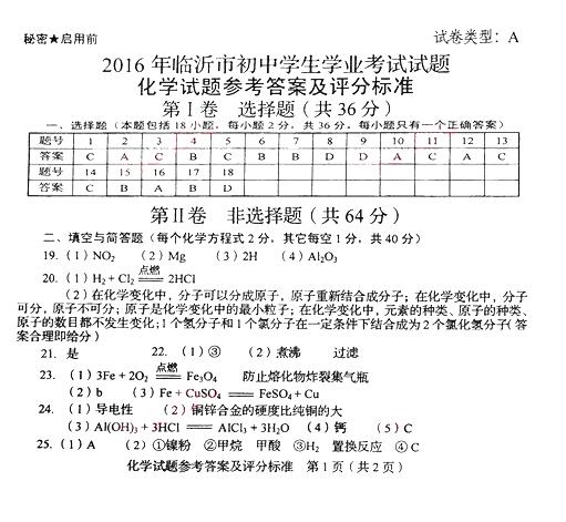 2016山东临沂中考化学答案