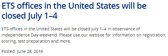 ETS因美国独立纪念日于7月1日至4日放假