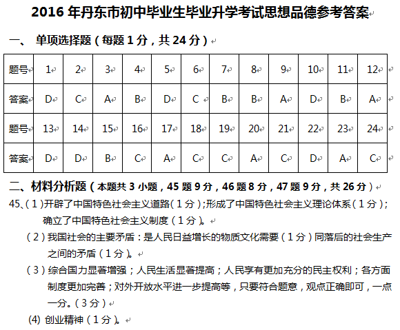 2016丹东中考政治答案