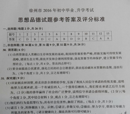 2016江苏徐州中考政治答案