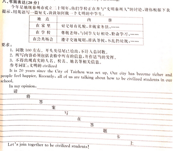 2016江苏泰州中考英语作文题目及范文