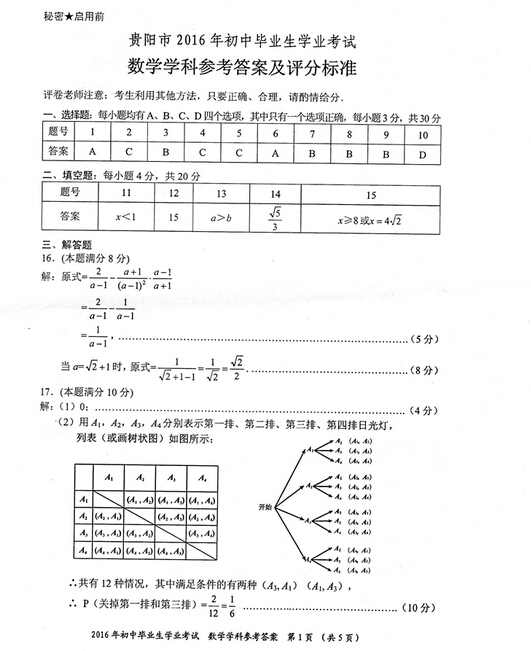 2016贵州贵阳中考数学答案